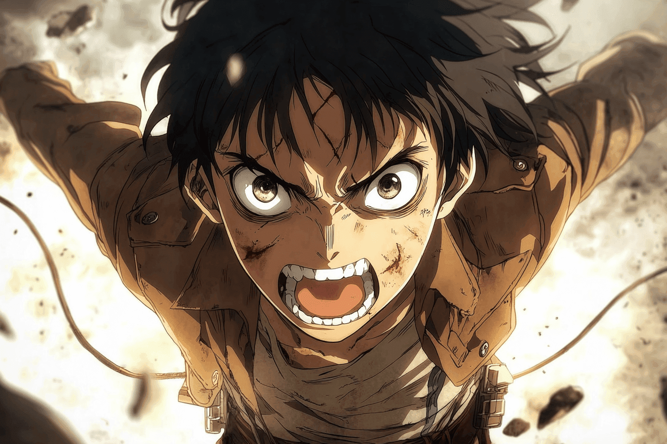 Eren Yeager from Attack on Titan angrily screaming