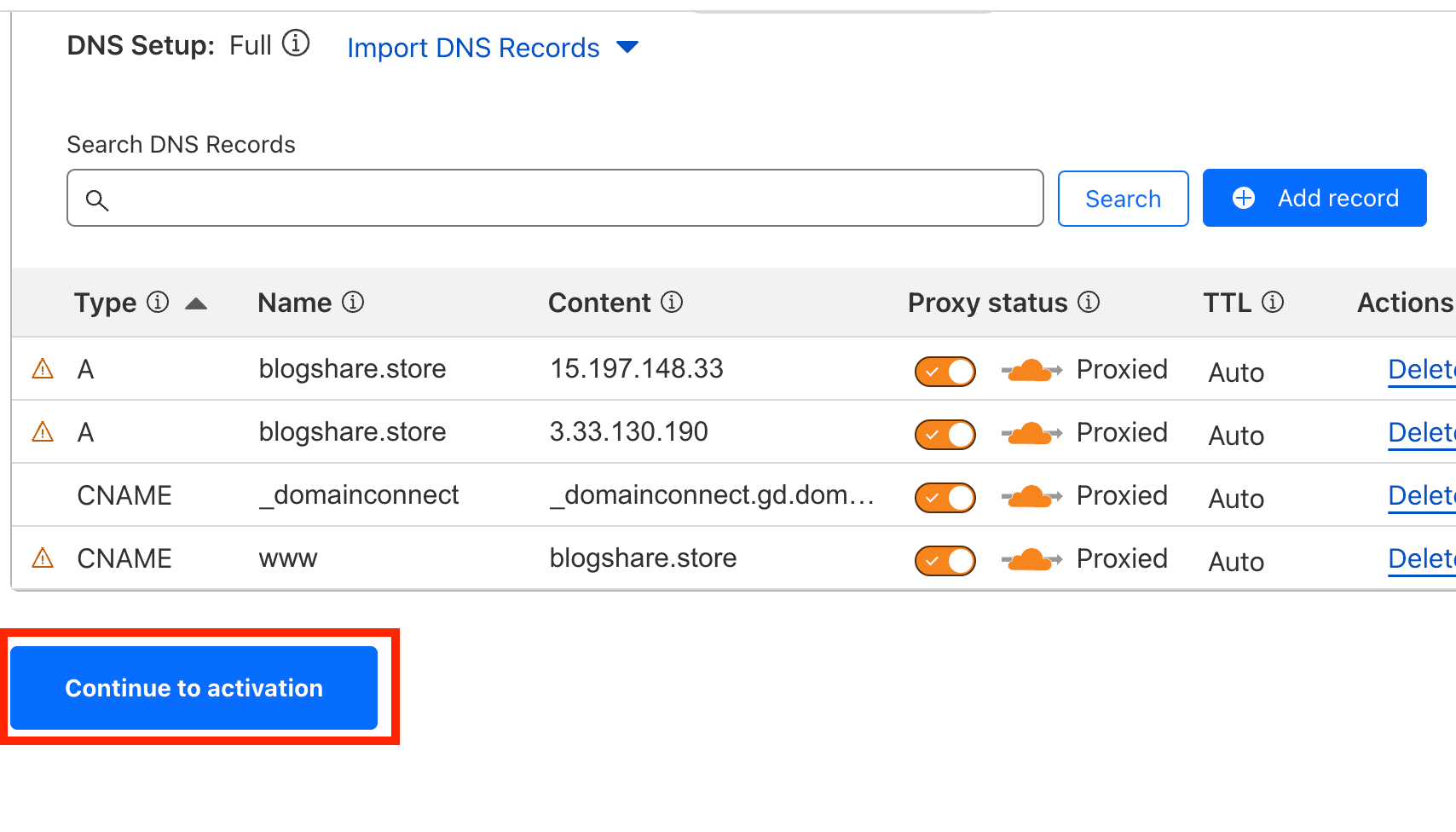 continue cloudflare domain activation, lighthouse optimisation