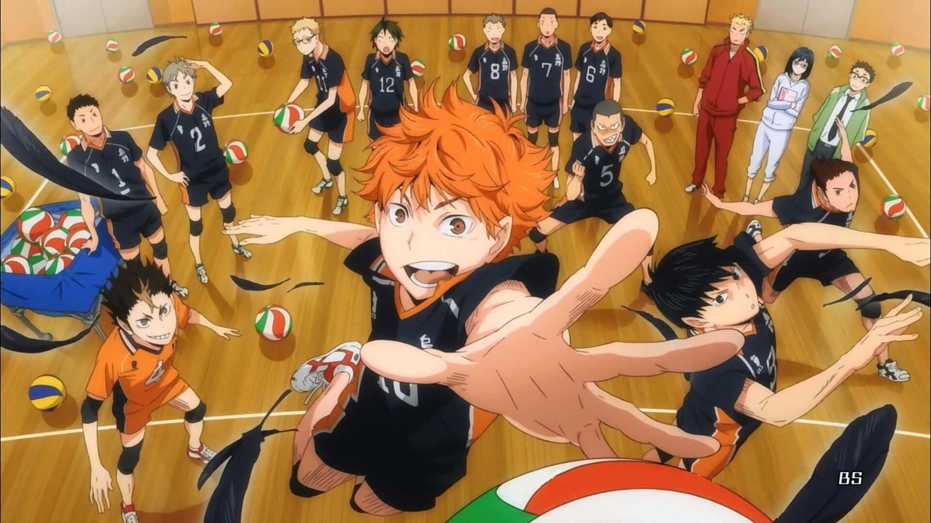 Haikyu Thumbnail art with Shoyo Hinata and other supporting characters playing volleyball together