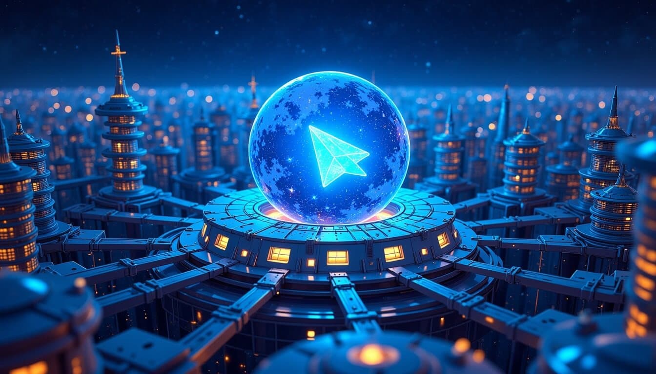 Futuristic Telegram Logo in the middle of the glob representing TON coin